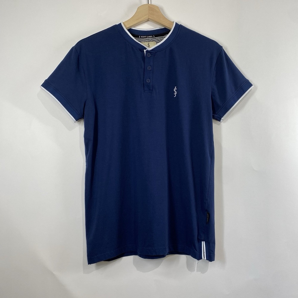 Scott James Mens Short Sleeve Henley Shirt Size S Navy Cotton Blend Preppy